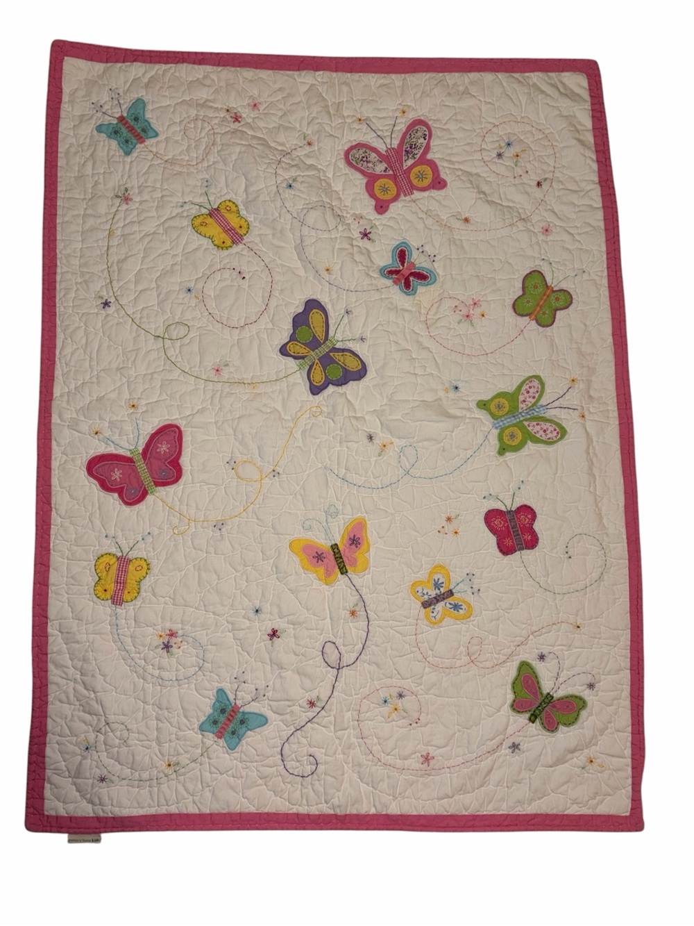 Vintage Y2K 05 Pottery Barn Kids Butterfly Appliqué Embroidered Baby Crib Quilt